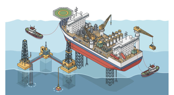Offshore oil and gas production platform with support vessels.
