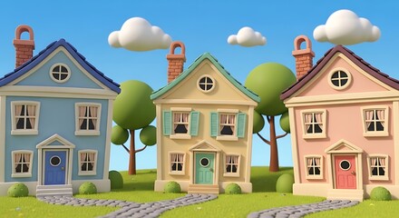 Naklejka premium Colorful Cartoon Houses Standing in Sunny Suburban Neighborhood