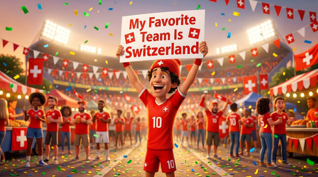 Cartoon boy holding My Favorite Team Is Switzerland sign in Swiss football stadium with confetti and fans