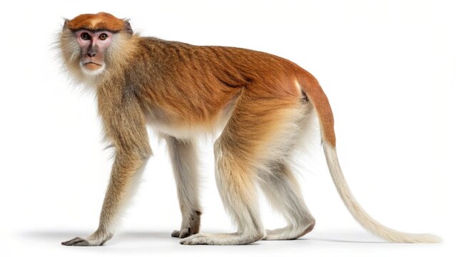 Isolated Patas monkey standing in profile on a solid white studio background