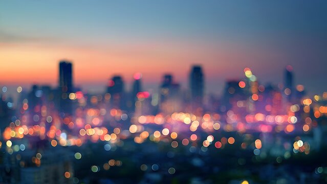Blurry City Skyline at Sunset with Neon Bokeh Lights