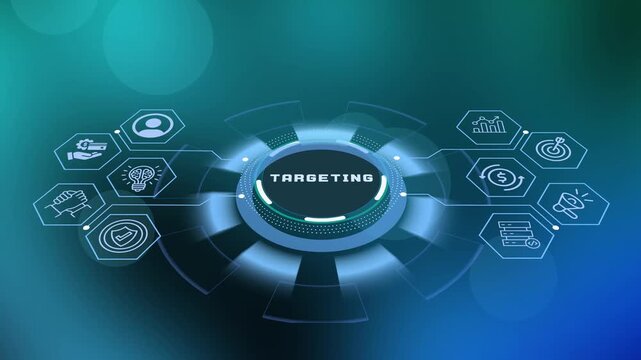 Digital marketing targeting concept featuring futuristic circular HUD interface with audience and analytics icons.