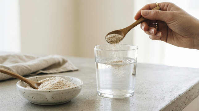 Woman's Hand Pouring Psyllium Husks from Wooden Spoon into Water Glass for Daily Health Routine.
