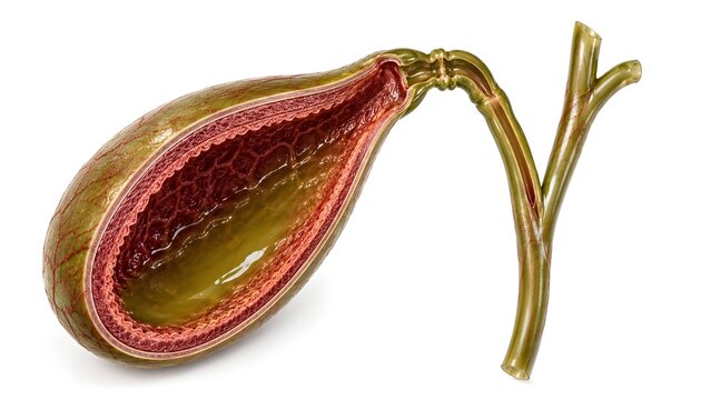 A healthy human gallbladder cross section showing detailed mucosal folds, gallbladder wall layers, bile-filled lumen, and biliary duct anatomy.