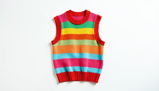Colorful striped knit vest with red collar and hem. Sleeveless wool garment has bright rainbow bands. Casual fashion outerwear for women or kids. Comfortable knitted top.