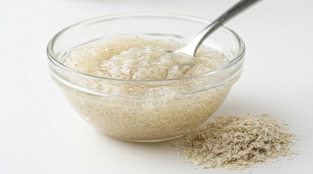 Psyllium Husk Soaking in Water for Healthy Digestion and Gluten-Free Baking.