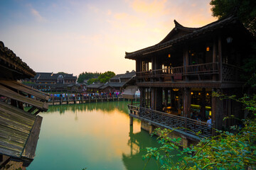 Fototapeta premium Wuzhen Ancient Water Town at Sunset, Traditional Chinese Architecture