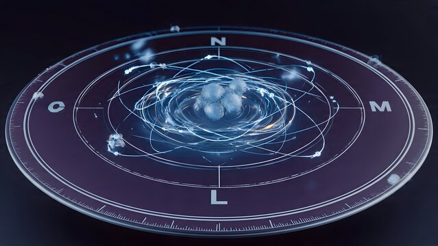 Scientific Circular Diagram with Atomic Orbits and Glowing Particles
