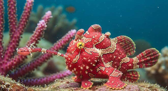 Colorful Red Frogfish Resting on Coral Reef in Tropical Underwater Scene