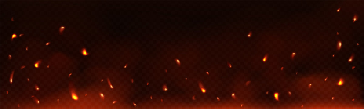 Flying fire sparks on transparent background. Burning embers. Glow particle effect. Vector illustration_1