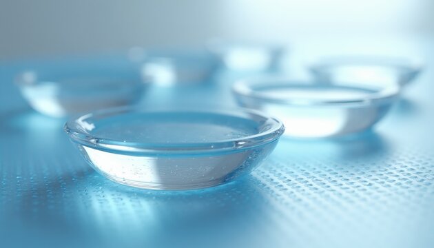 Clear soft contact lenses float in sterile saline solution. Toric lens corrects astigmatism for sharp vision. Optometry supplies aid eye care health. Perfect for medical or wellness content.