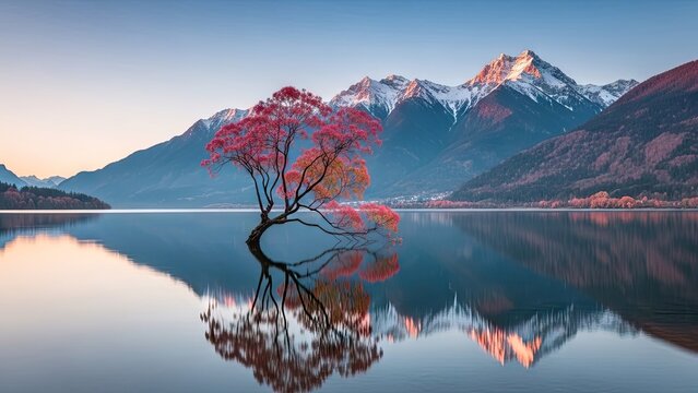 Lone tree in lake with snowy mountain reflection.