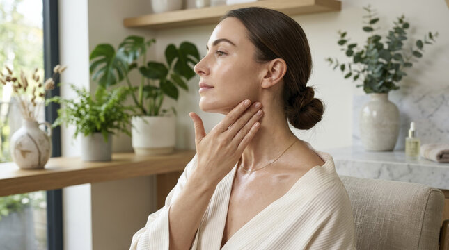 Serene woman embraces self-care, gently massaging nourishing neck serum for healthy, radiant and youthful skin.