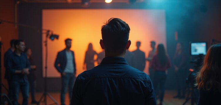 People participate in casting session. Directors watch actors auditioning. Creative team works in studio. Talent search. Teamwork in film production.