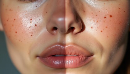 Naklejka premium Face split, showing freckled skin and smooth complexion. Skin care result visible, before and after treatment comparison. Beauty treatment concept. Hydrated flawless makeup.