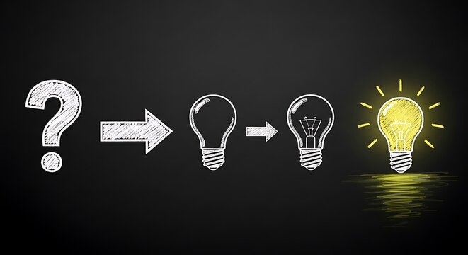 Chalkboard illustration question mark, arrow, light bulbs transforming to a glowing idea