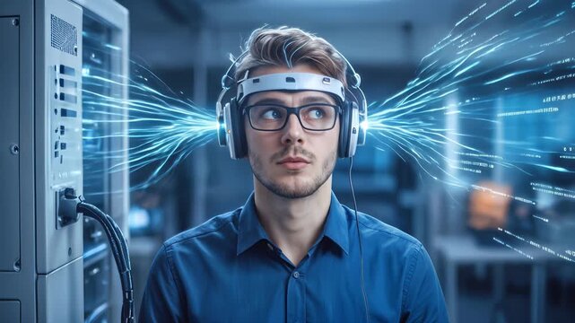 Surprised young adult man wearing neural interface headset in server room. Digital data streams emanating from brain computer interface. Lockdown medium shot.