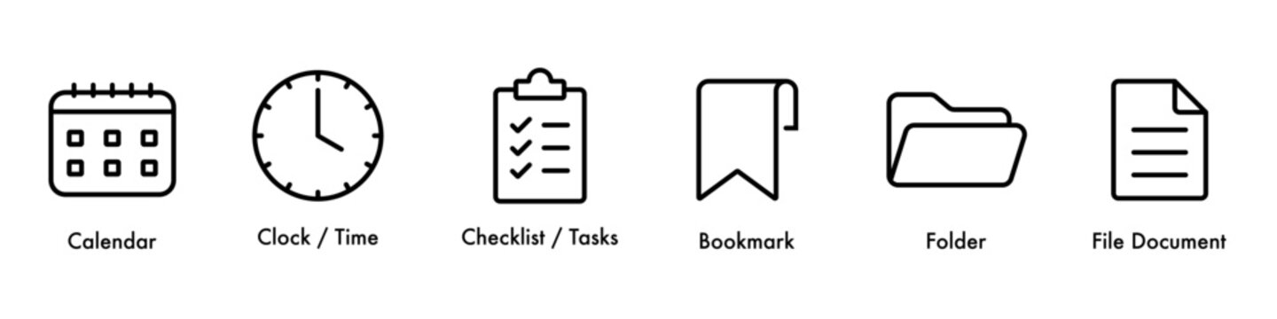 Organization and time management icon set, calendar, clock, checklist, bookmark, folder, file for digital interface