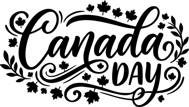 Elegant Canada Day Hand Lettering with Maple Leaves and Floral Wreath, Perfect for Patriotic Celebration Designs, Banners, Cards, and Holiday Decor