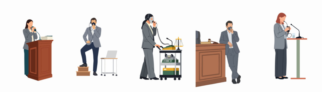 Collection of flat vector illustrations depicting professional court reporters and stenographers using voice masks and recording equipment in legal settings.