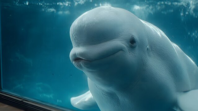 Curious Beluga Whale Near Glass Wall in Aquarium