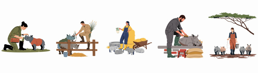 Set of vector illustrations depicting conservationists and zookeepers caring for, feeding, and nurturing baby rhino calves in a wildlife sanctuary or zoo. © Isabella