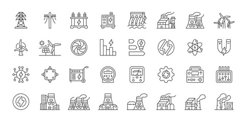 Plakat Power Plant icons in line design. power plant, energy, electricity, industry, factory, infrastructure, generation on white background vector. Power Plant editable stroke icon
