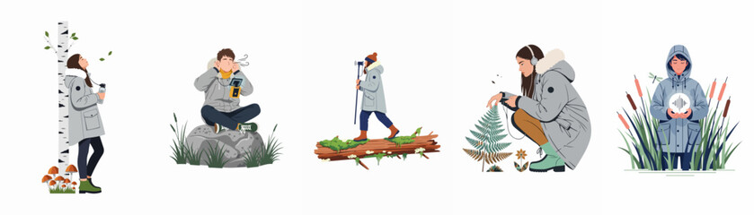 Flat illustration set of diverse people wearing winter parkas exploring nature, practicing mindfulness, hiking, and listening to the sounds of the environment. © Isabella