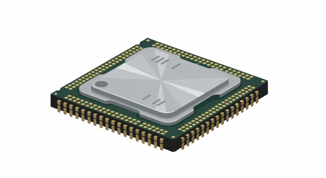 A square computer processor with a metallic lid and many pins