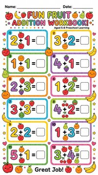 Fun Fruit Addition Workbook for preschool learning, colorful math worksheet with cute fruit illustrations, educational counting activity for kids ages 5-6 isolated on White Background