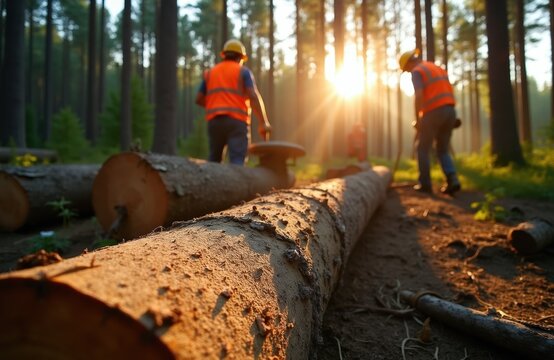 Forest loggers wearing safety vests work in sunlit woods. Workers cut timber with equipment. Timber industry workers process felled trees. Sustainable forestry management.