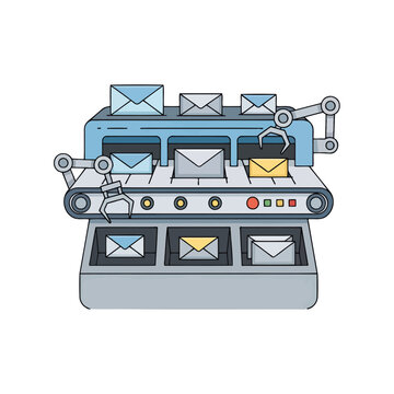 An automated industrial machine sorting various paper envelopes on a conveyor belt
