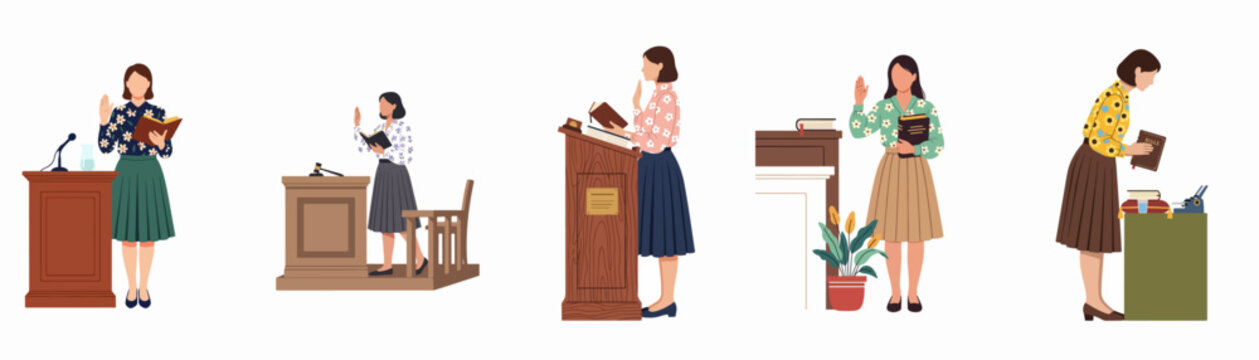 Set of women giving testimony or taking an oath in court, holding a Bible and raising hands, legal concept illustrations on white background.