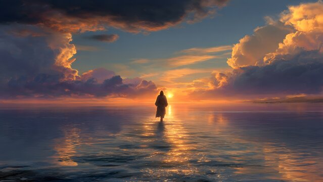 Silhouette Person Walking Toward Sunset Over Calm Ocean