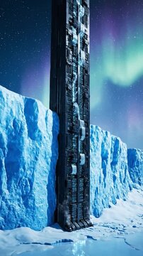 Futuristic server tower embedded in arctic ice wall under aurora