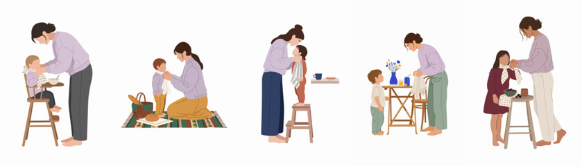 Obraz premium Set of minimalist flat illustrations depicting a mother's daily routine, caring for and bonding with her young children through feeding, dressing, and affection.