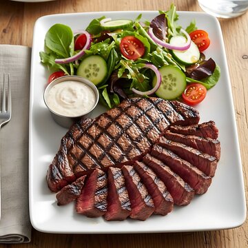 Juicy Grilled Steak Sliced with Fresh Garden Salad on White Plate