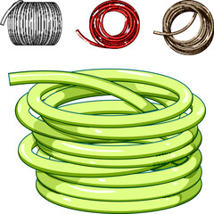 Obraz premium Collection of coiled flexible hoses, including a large green garden hose and smaller red and brown versions, essential tools for water distribution and outdoor cleaning tasks