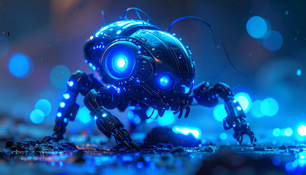 Futuristic mechanical insect with glowing blue eyes