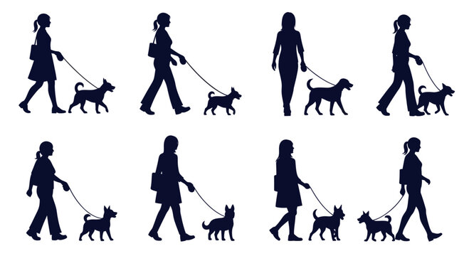 Silhouettes of people walking dogs on leashes outdoors.