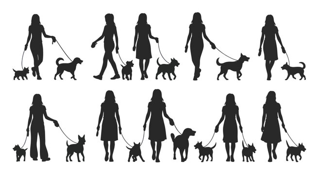Silhouettes of People Walking Dogs on Leashes.