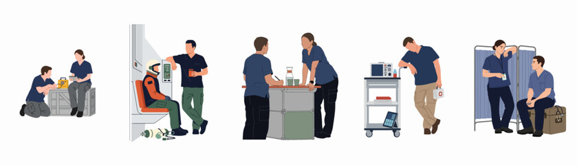 Collection of scenes featuring medical personnel and astronauts in a futuristic space research or healthcare environment. © Isabella