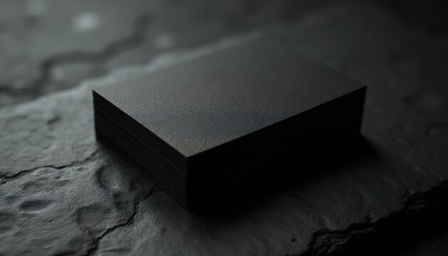Stack of black blank business cards on dark textured stone surface. Minimalist design, clean modern aesthetic. Card mockup for corporate identity branding, personal contact info, pro networking.