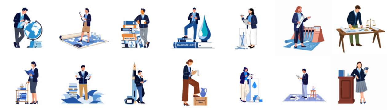 Collection of professional characters researching maritime law, international water rights, and global hydrography for environmental and legal management solutions.