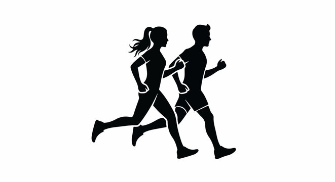 Silhouetted man and woman running together outdoors