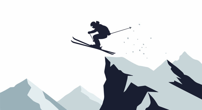 Silhouette skier airborne over snowy mountains