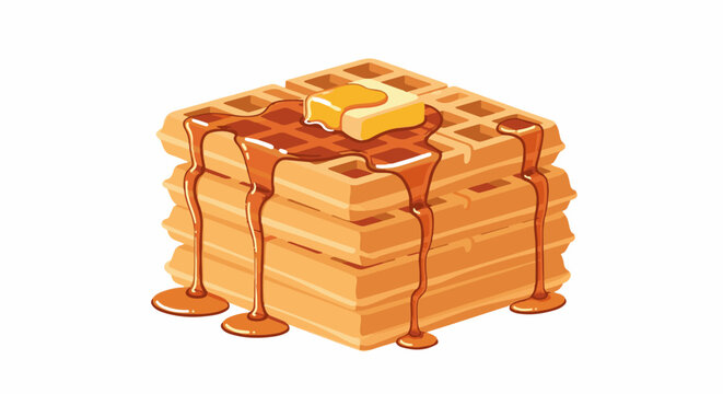 A stack of golden waffles drenched in sweet syrup with melting butter