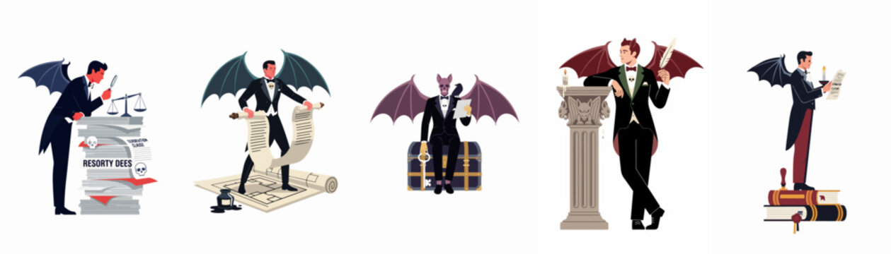 Set of demonic characters in tuxedos representing hidden contract clauses, legal traps, and making deals with the devil in professional settings.