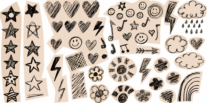 hand drawn doodle elements on beige background stars hearts smileys clouds lightning