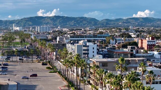 Cinematic wide-angle aerial drone shot reverse rotating over Venice Beach's Ocean Front Walk in Los Angeles, skimming low above palm trees with the Santa Monica Mountains beyond.